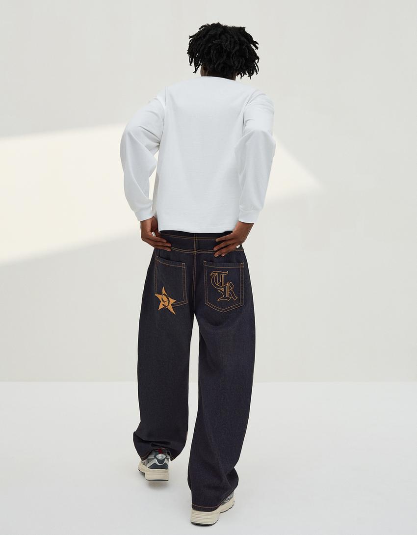 Embroidered barrel jeans-Navy