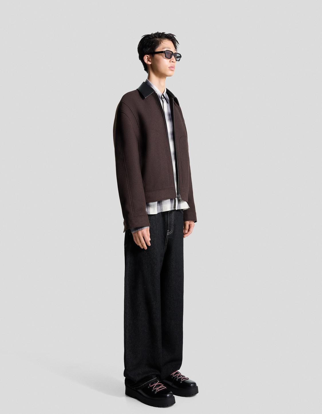 Synthetic wool jacket with contrast collar