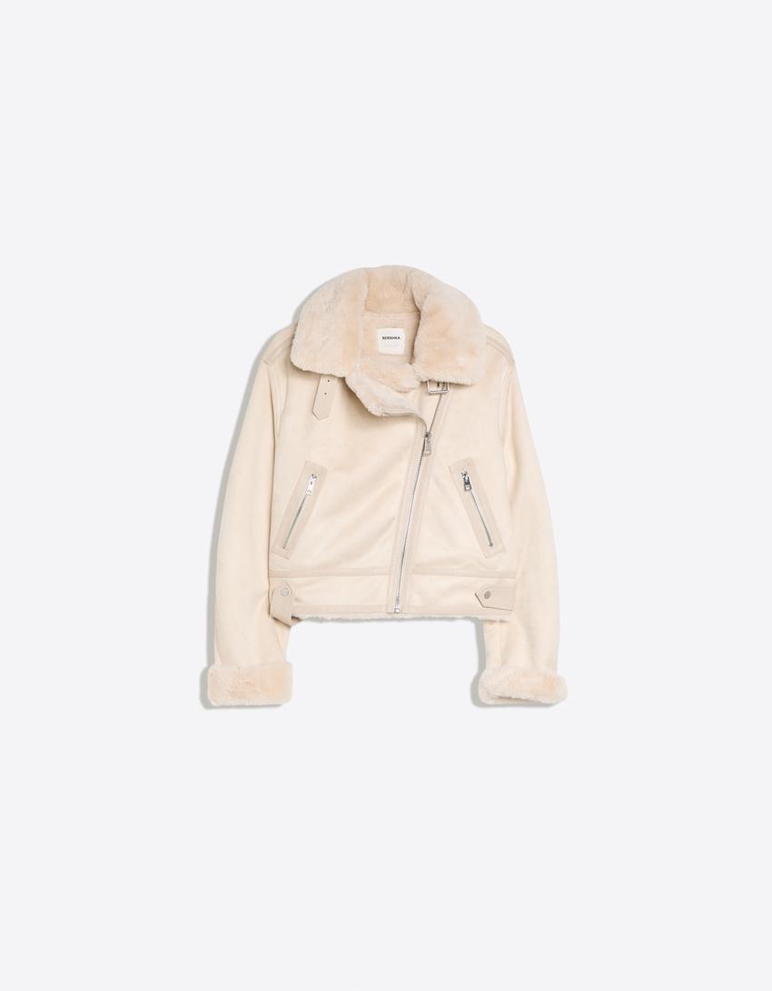 Cropped double-faced biker jacket-Cream