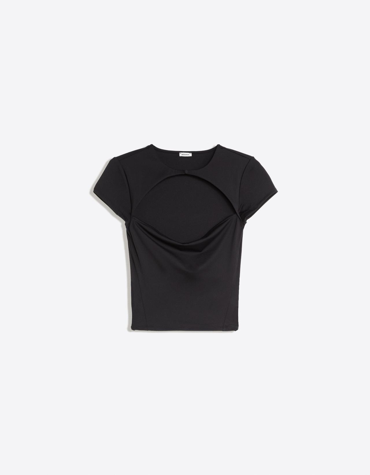 Short sleeve cut-out polyamide T-shirt — Black