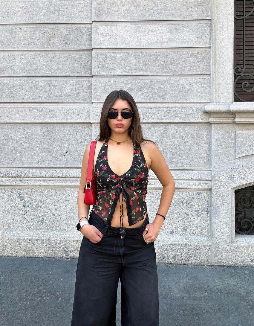 Gathered blonde lace top with print-Black-1