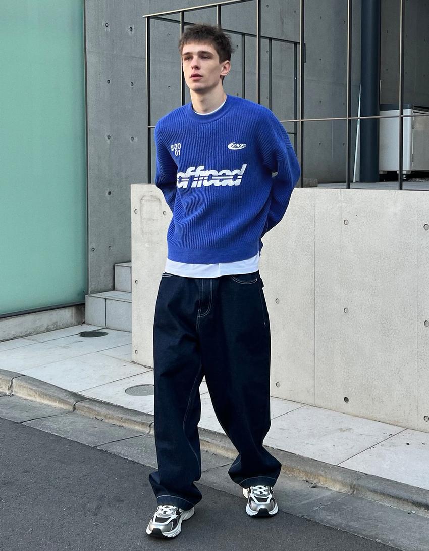 Pull col rond en chenille imprimé-Bleu