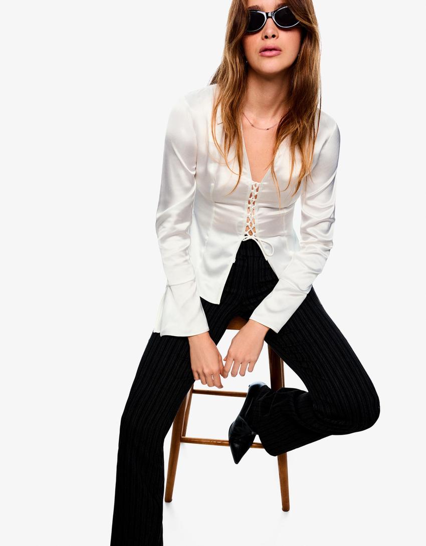 Lace-up satin shirt-Cream