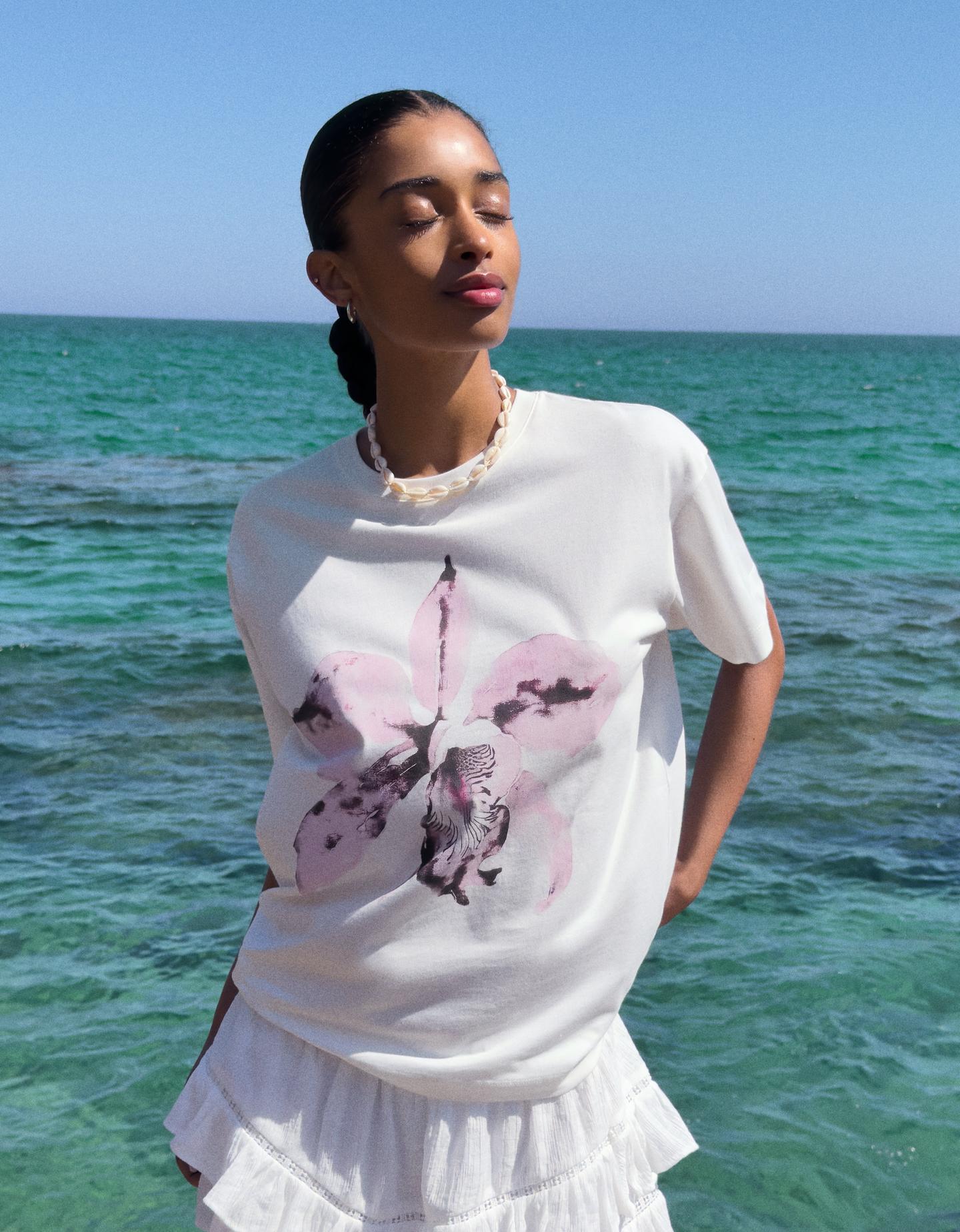 Bershka wzorzysta koszulka oversize z krótkim rękawem biały złamany