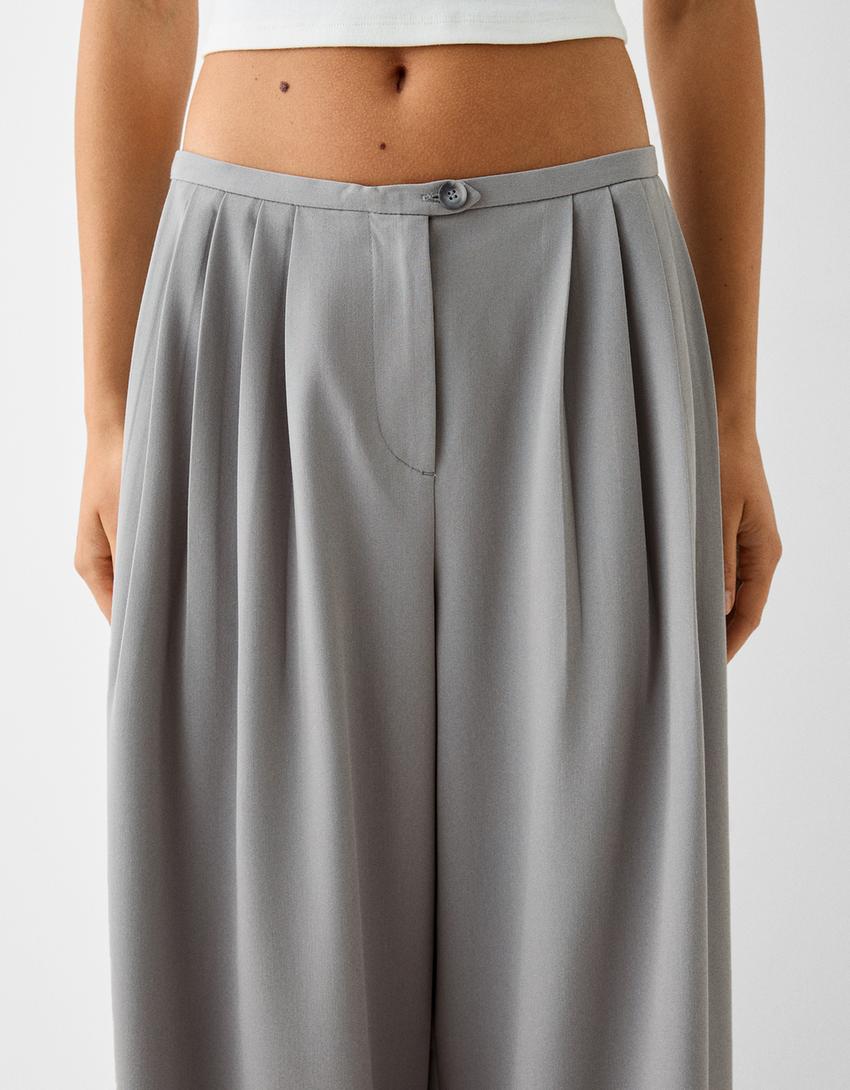 بنطال رسمي بليسيه واسع الساقين-رمادي-6