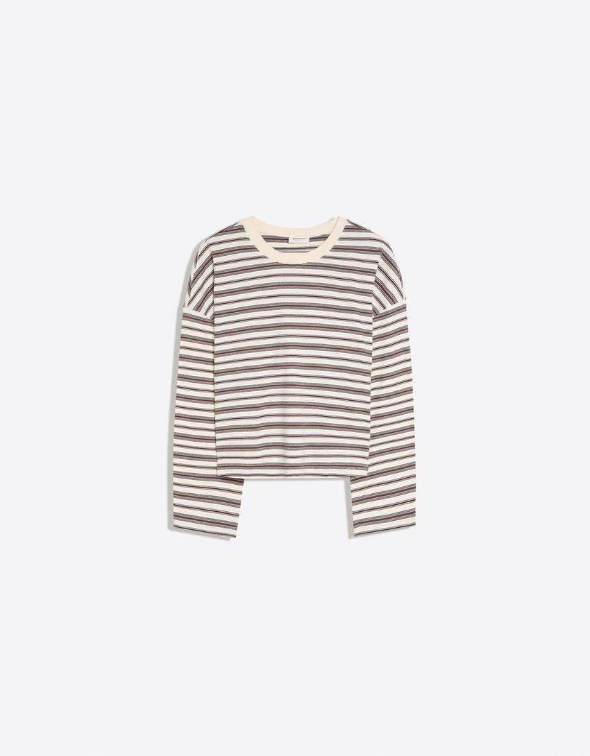 Striped boxy long sleeve T-shirt-Cream