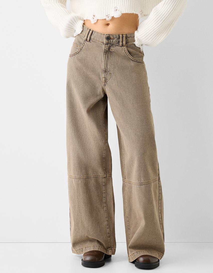 Wide-leg skater-fit twill trousers-Brown-1