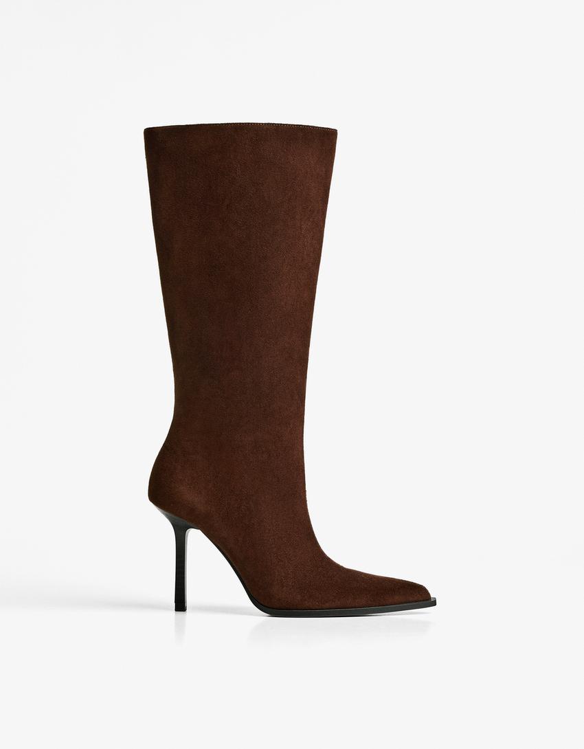 Stiefel mit Absatz und weitem Schaft-Braun-0