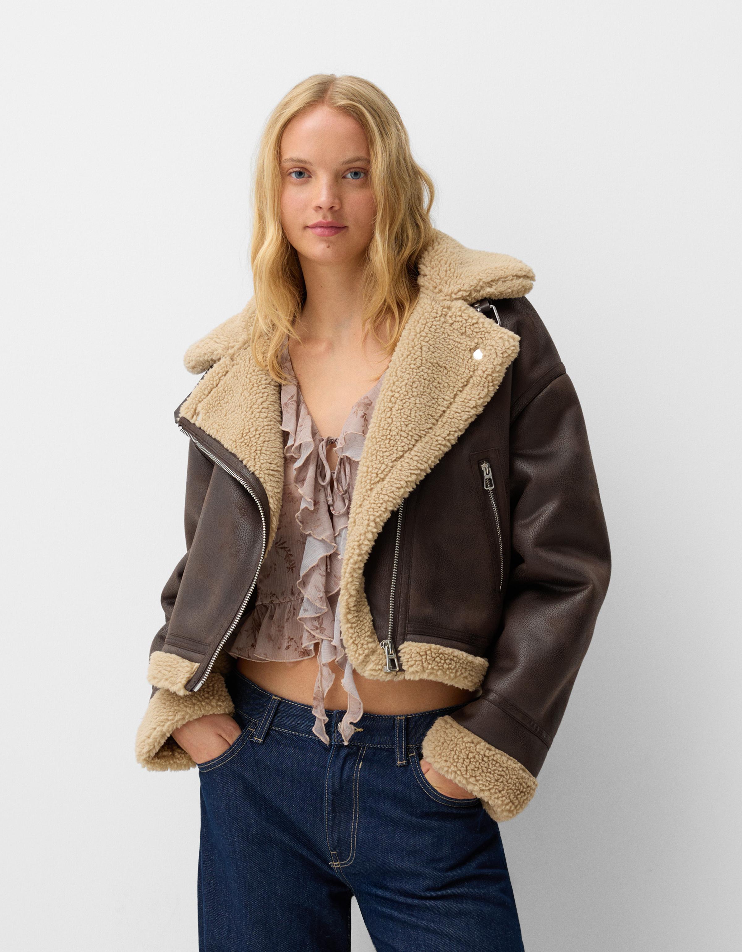 Faux shearling biker jacket Women Bershka