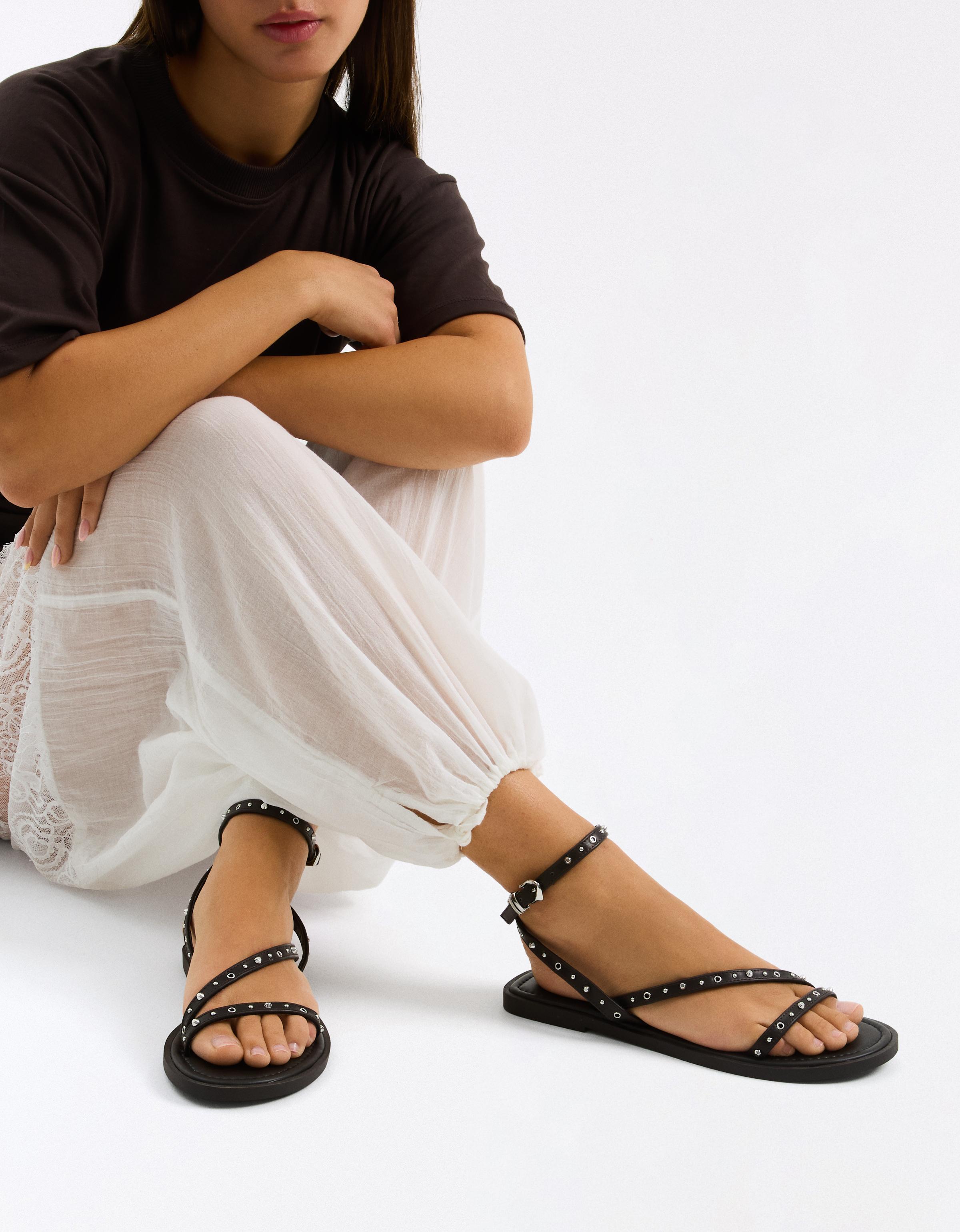 MULTISTRAP STUDDED FLAT SANDALS — Brown