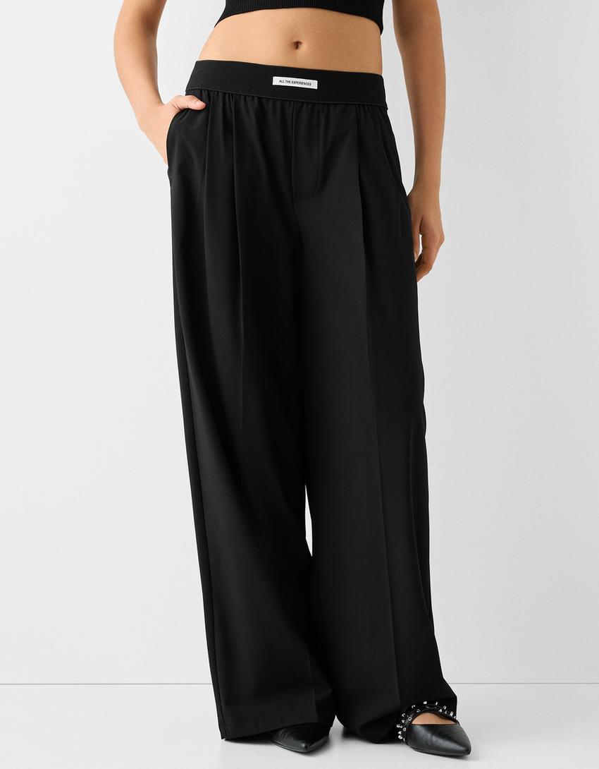 Wide-leg tailored fit trousers with elastic waist-Black-1