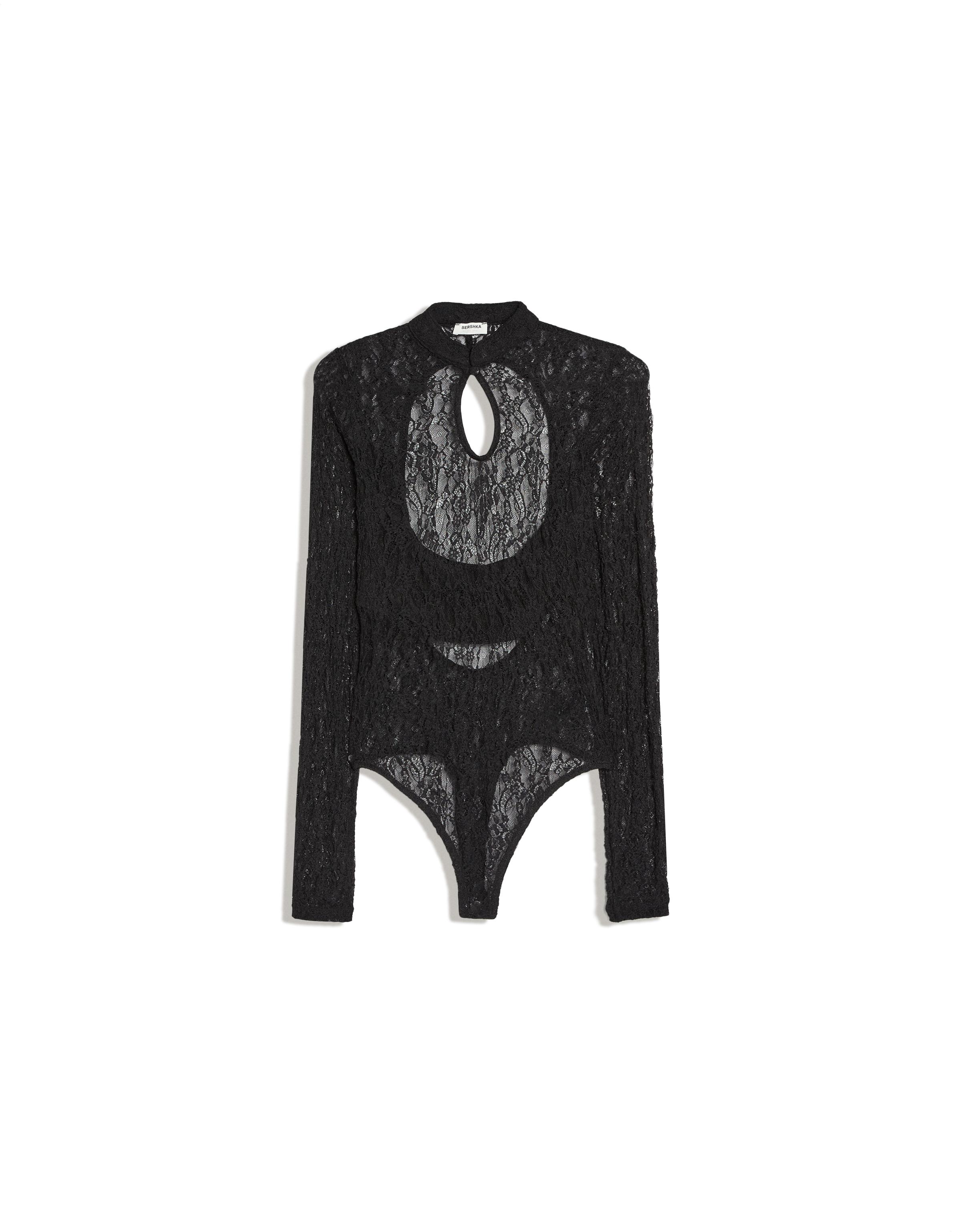 Long sleeve lace bodysuit with split neckline — Black