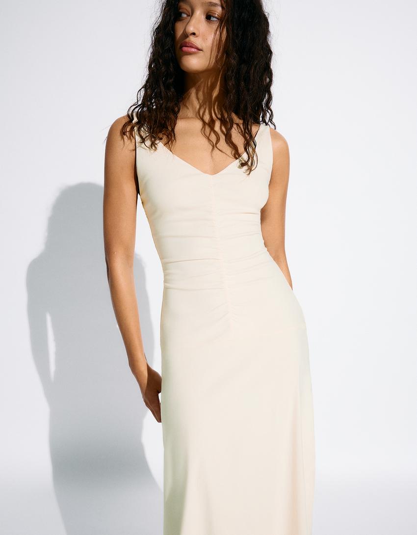 Robe midi à volants froncés-Écru