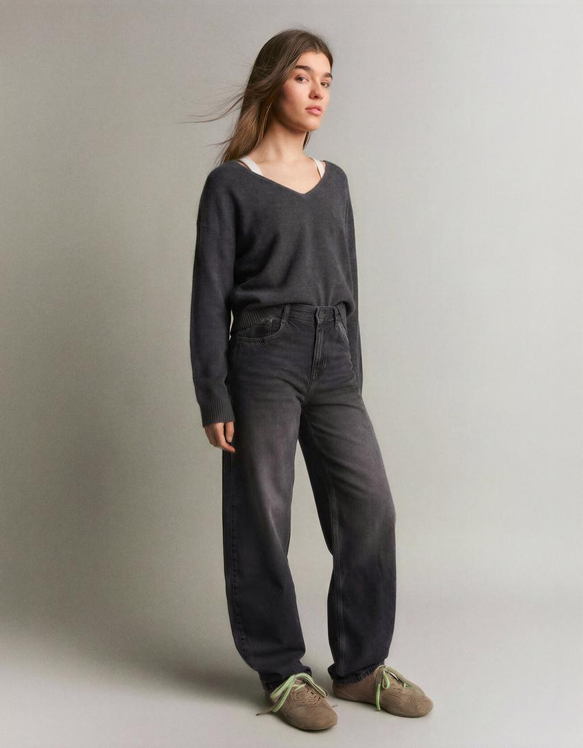 Jeans barrel tiro alto-Negro