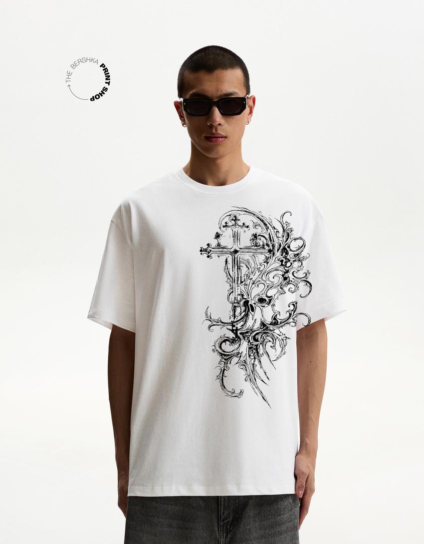 T-shirt met print en korte mouw-Wit