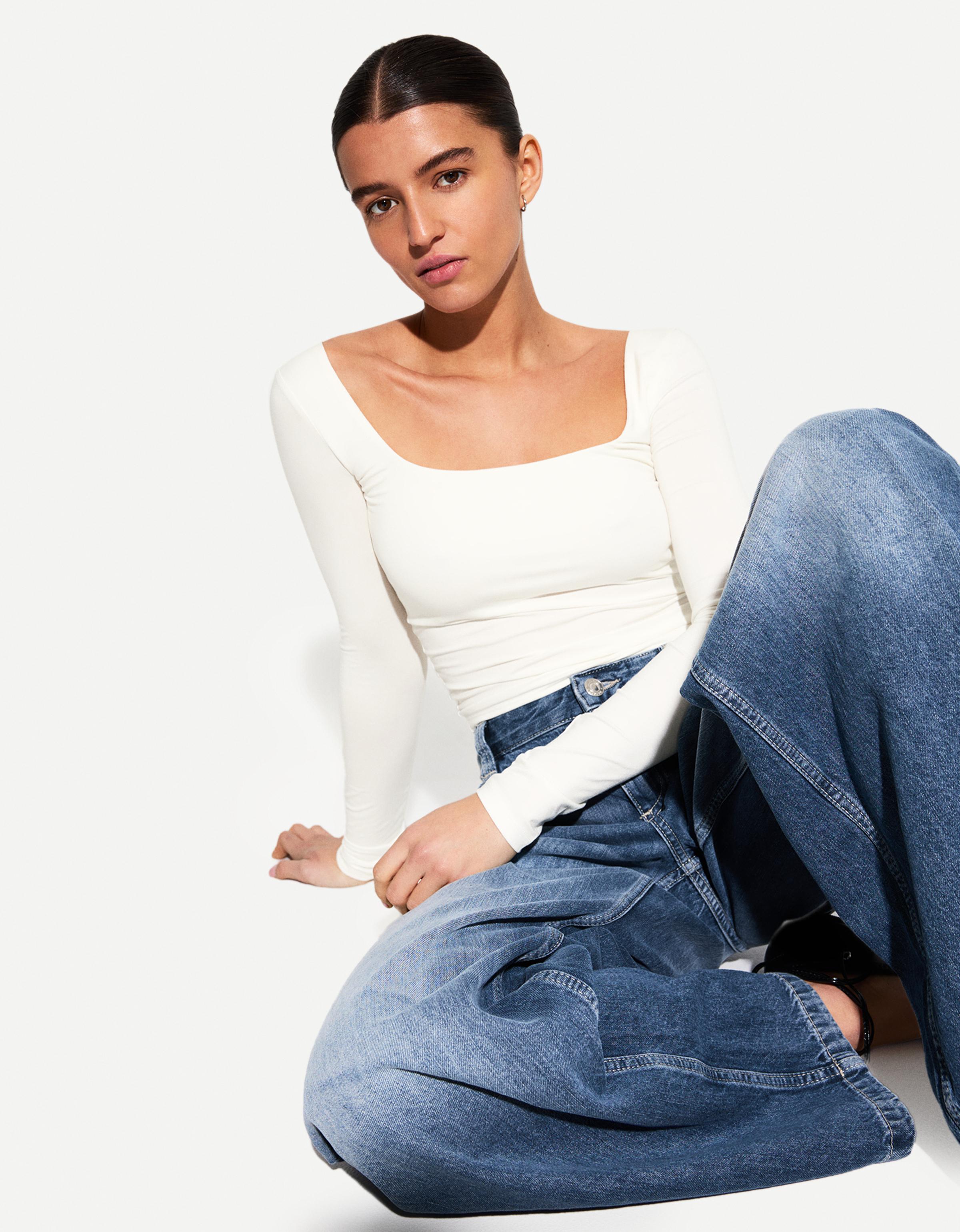 Bershka Shirt Mit Langen Ärmeln Und Kastenausschnitt Damen L Grbrochenes Weiss