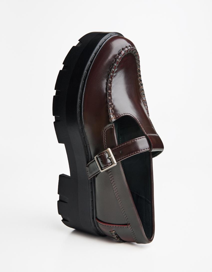 Chunky sole loafers with strap-Maroon
