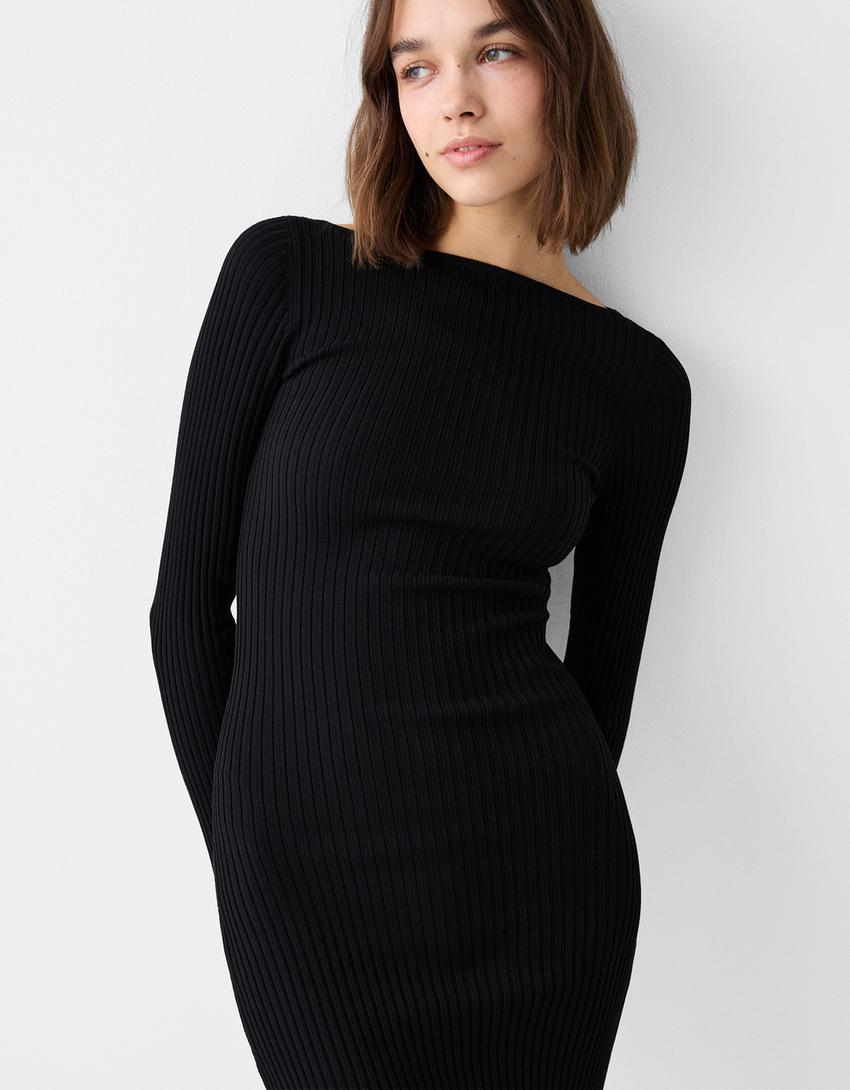 Vestido midi manga comprida malha nervuras-Preto-3