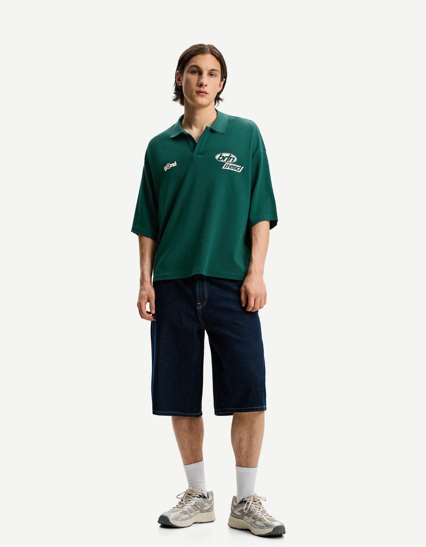 Oversize-Poloshirt mit kurzen Ärmeln und Print-Grün