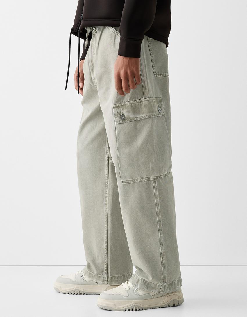 Calças skater cargo efeito lavado-Caqui-1