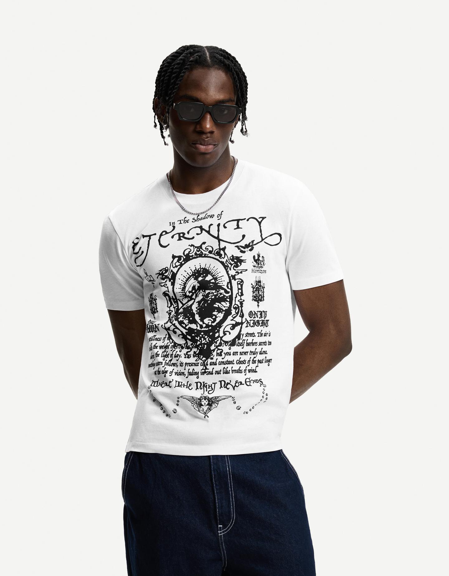 Bershka T-Shirt Manches Courtes Imprimé Homme M Blanc