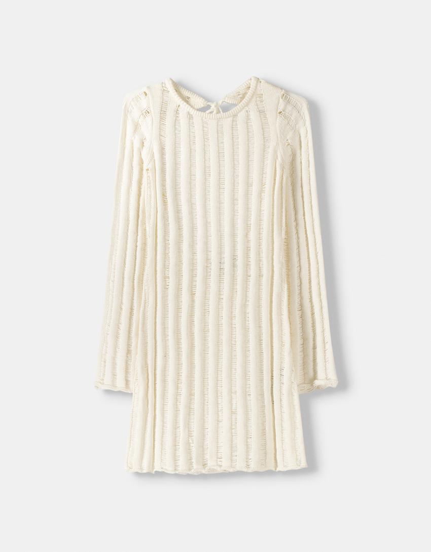 Rustic mini dress with open back-Cream-4