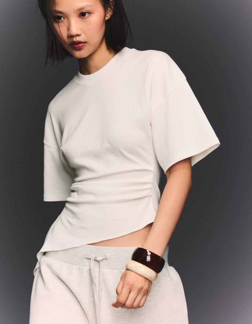 Camiseta manga corta fruncido-Blanco roto