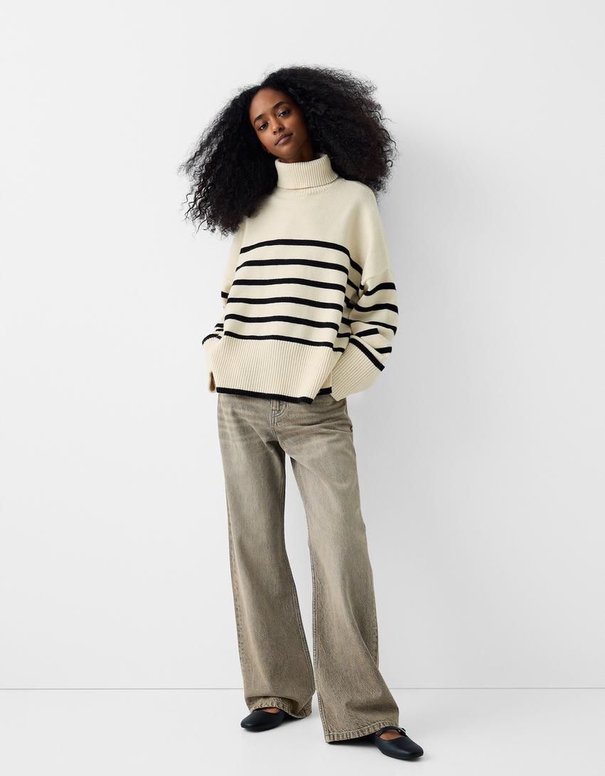 Striped high neck sweater-Cream-3