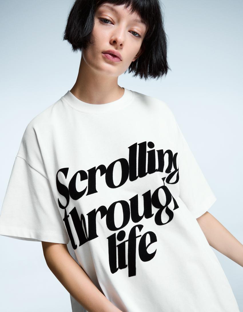 T-shirt manches courtes oversize imprimé-Blanc cassé