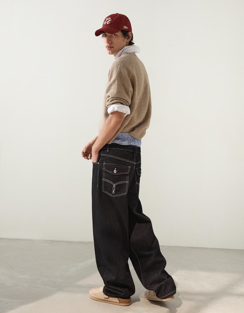 Jeans super baggy bordado-Negro