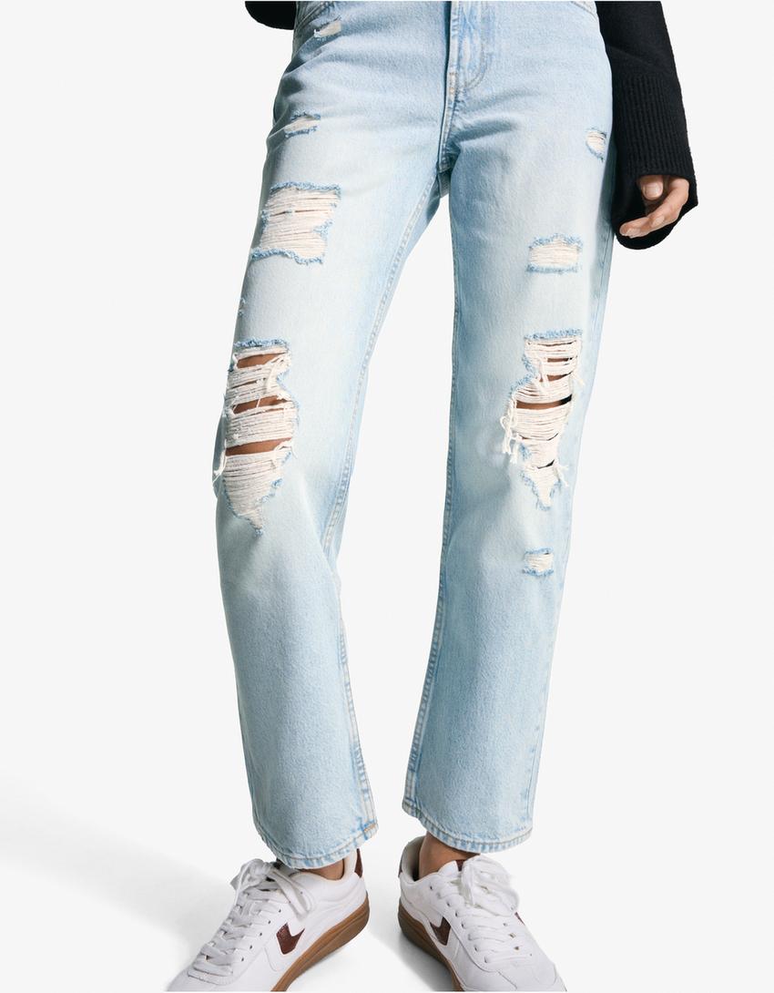 Blugi straight fit cropped rupți-Albastru deschis-1