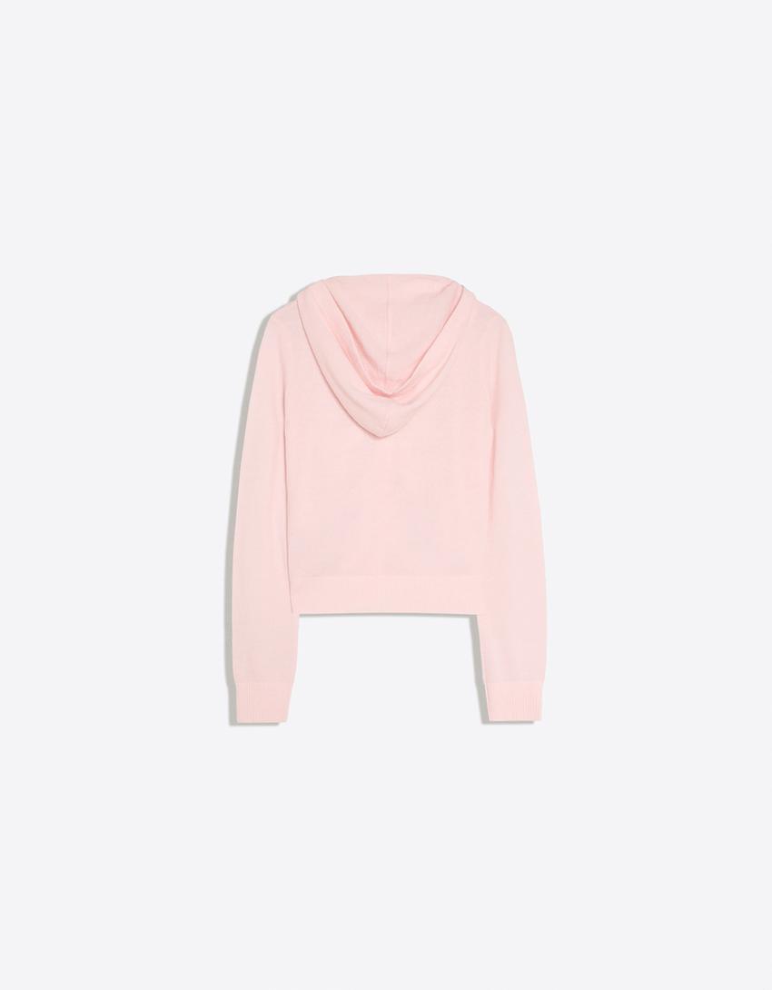 Fine-knit hooded cardigan-Pink