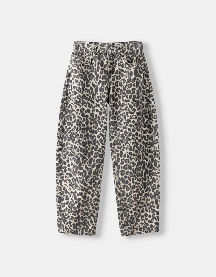 Balloon fit animal print baggy jeans-Beige