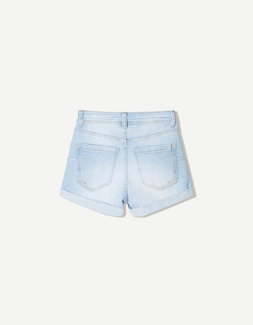 Roll-up denim shorts-Light blue