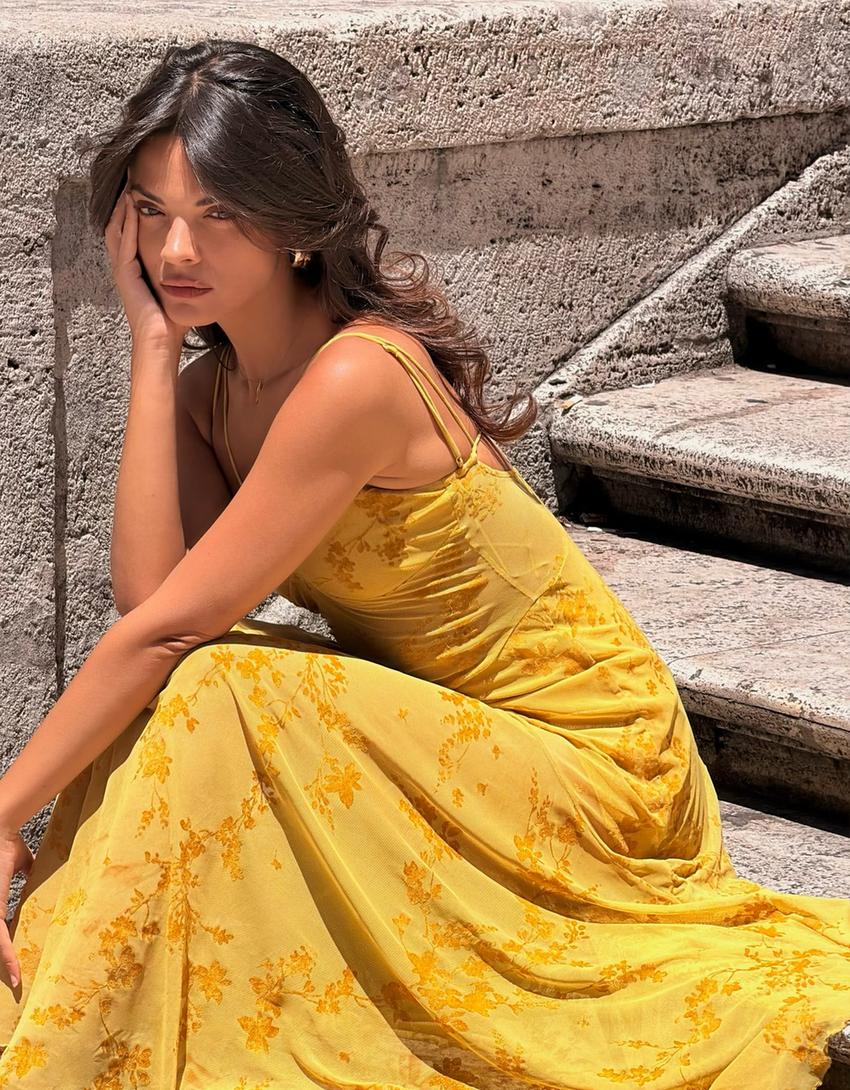 mustard yellow tulle dress Flocked tulle strappy midi dress - Women
