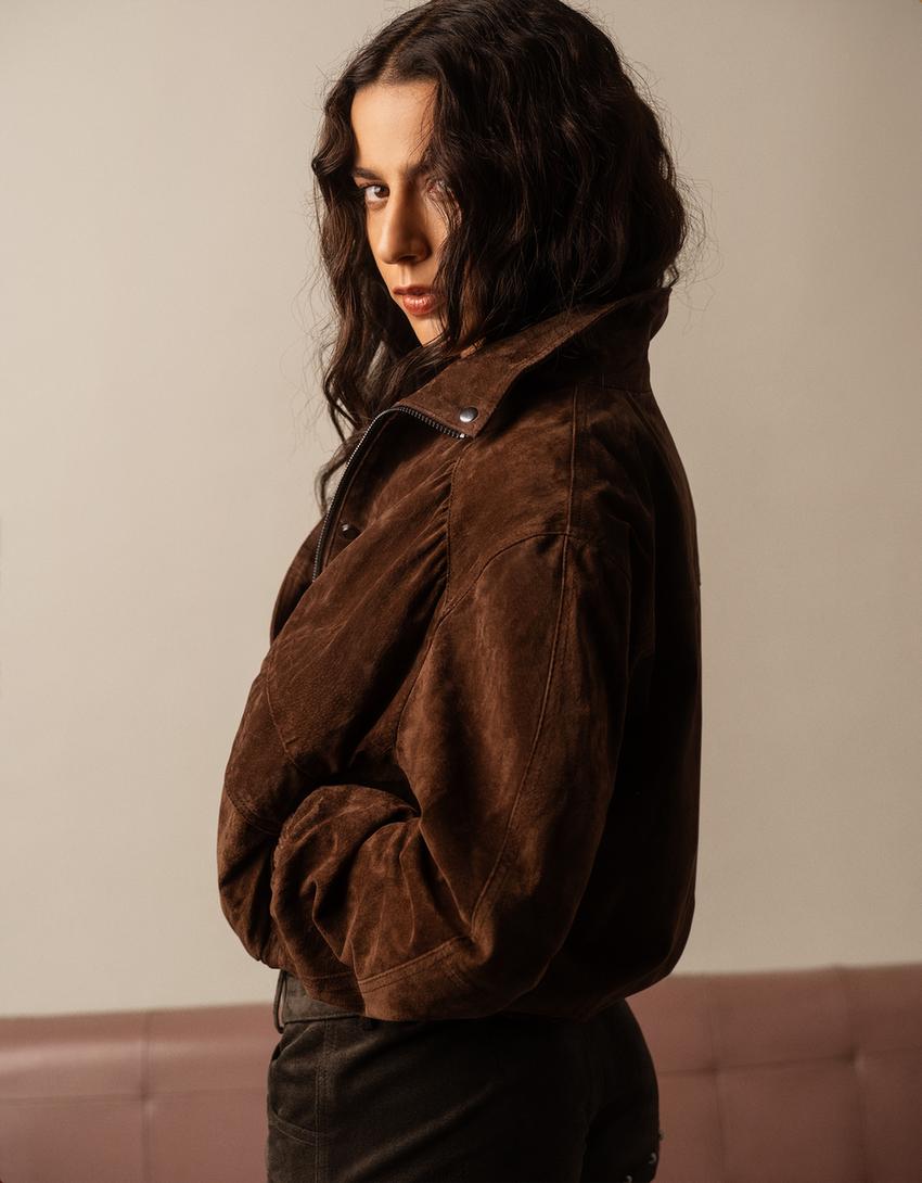 Leather jacket with pockets-Brown