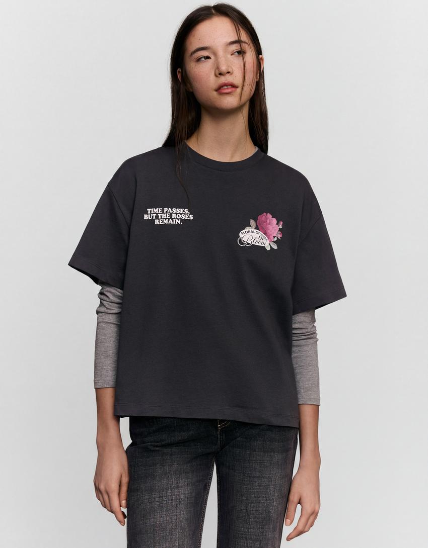 Oversize short sleeve print T-shirt-Dark grey