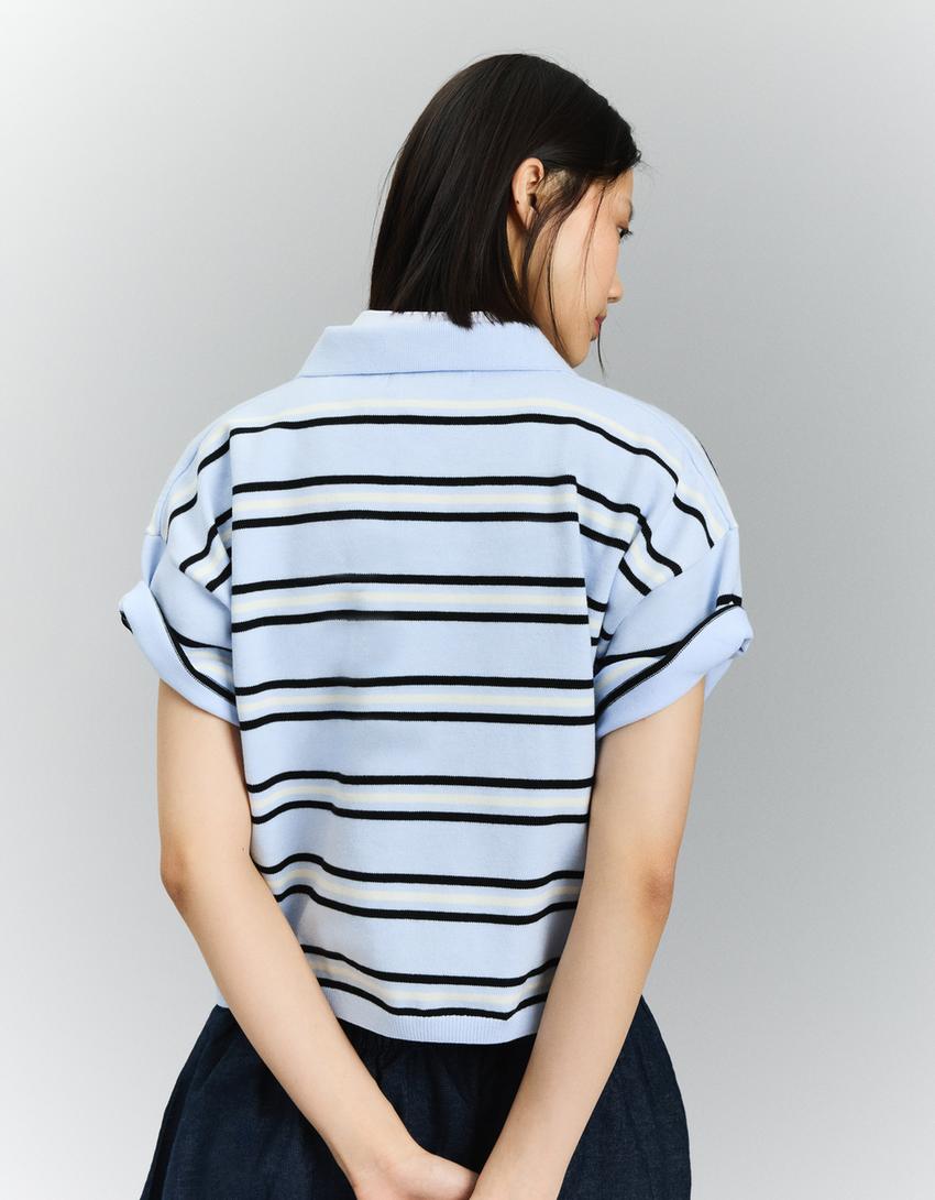 Ριγέ πουλόβερ με γιακά polo-Μπλε