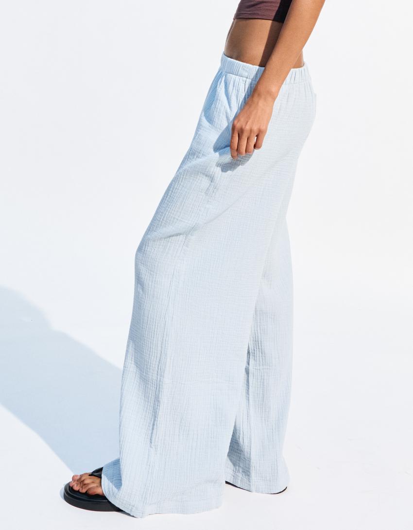 Wide-leg rustic trousers-Light blue-2
