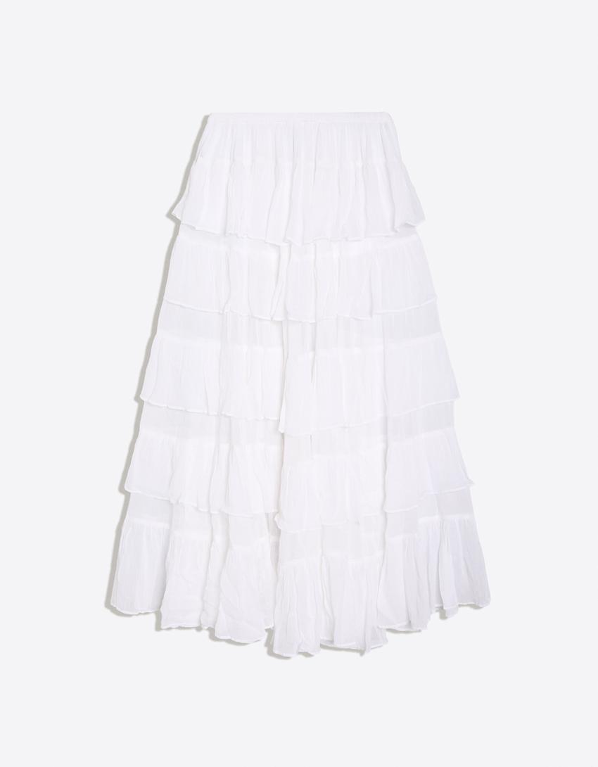 Jupe asymétrique à volants-Blanc