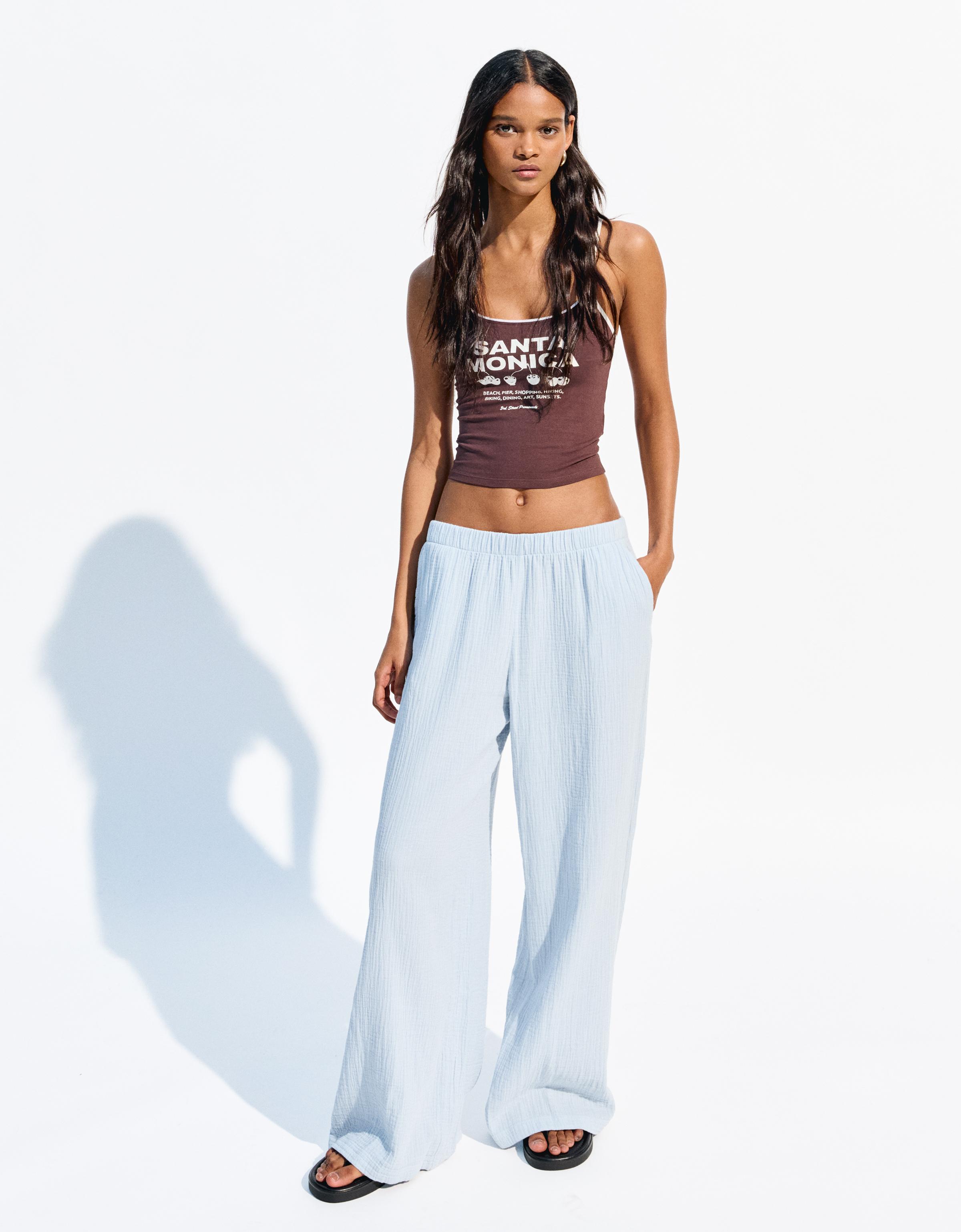 Bershka Pantalon Wide Leg Rústico Double Cloth Mujer Azul Claro