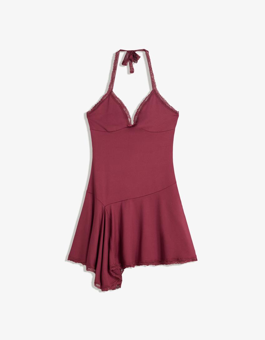 Strappy lace mini dress-Burgundy-4