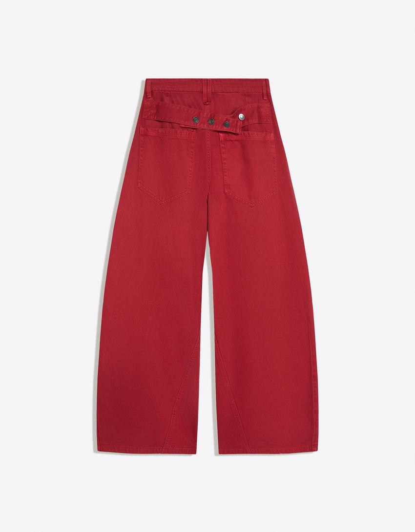 Barrel trousers with back buckle-Red
