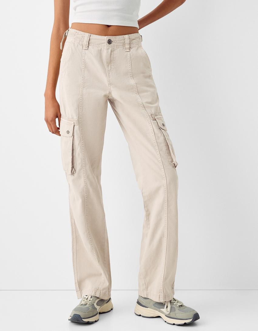 Calças straight cargo ajustáveis algodão-Areia-1