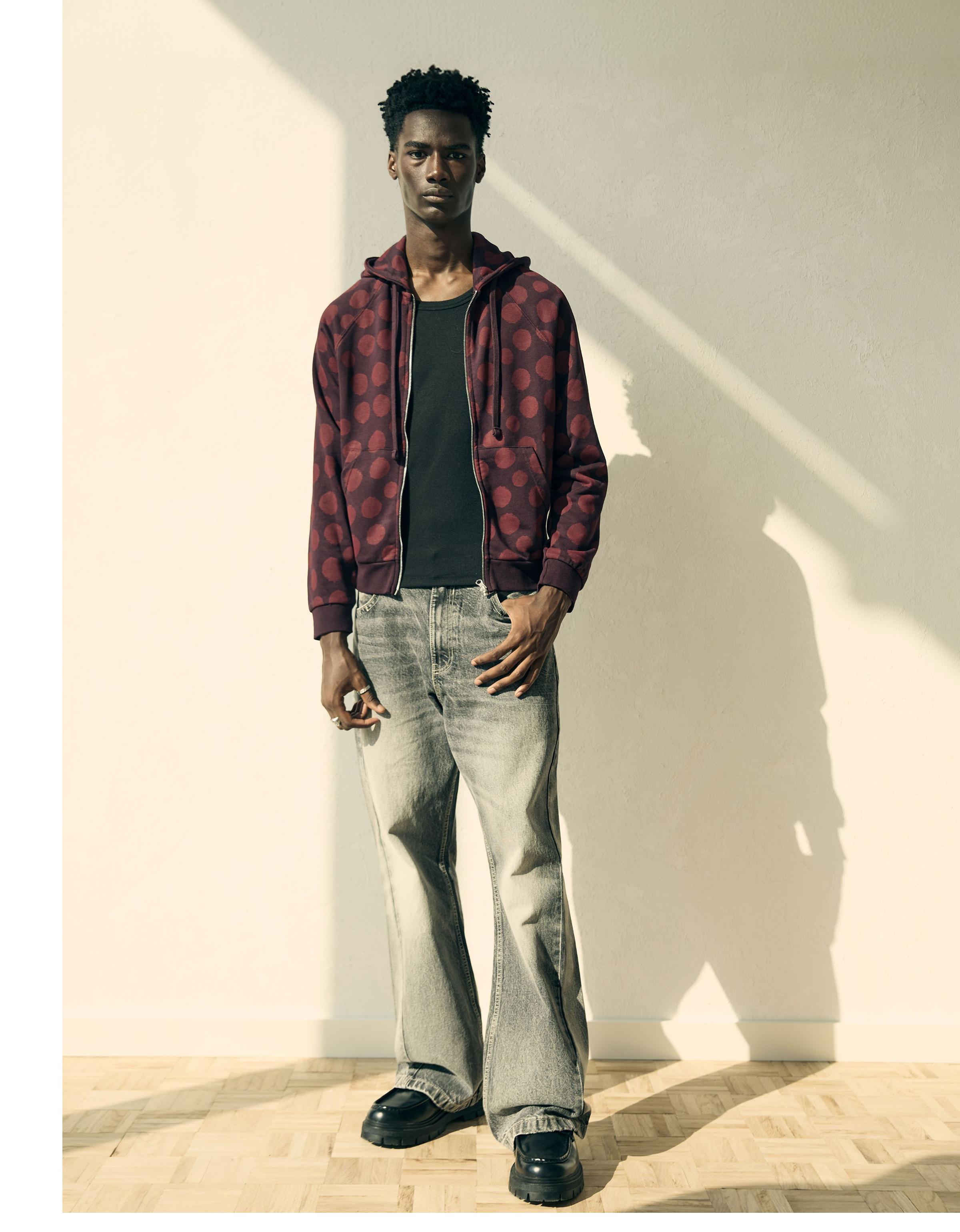 Hooded zip-up print sweatshirt — Burgundy
