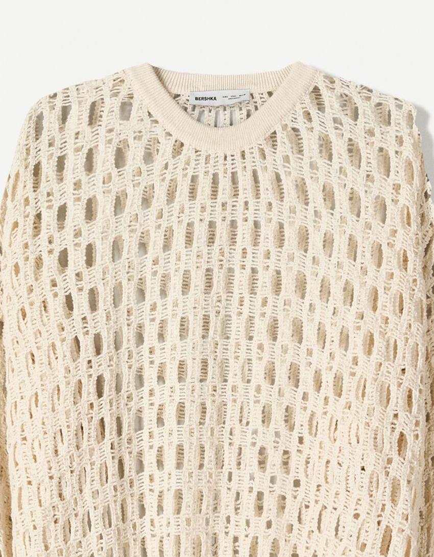Pullover mit Lochmuster-Grbrochenes Weiss-2