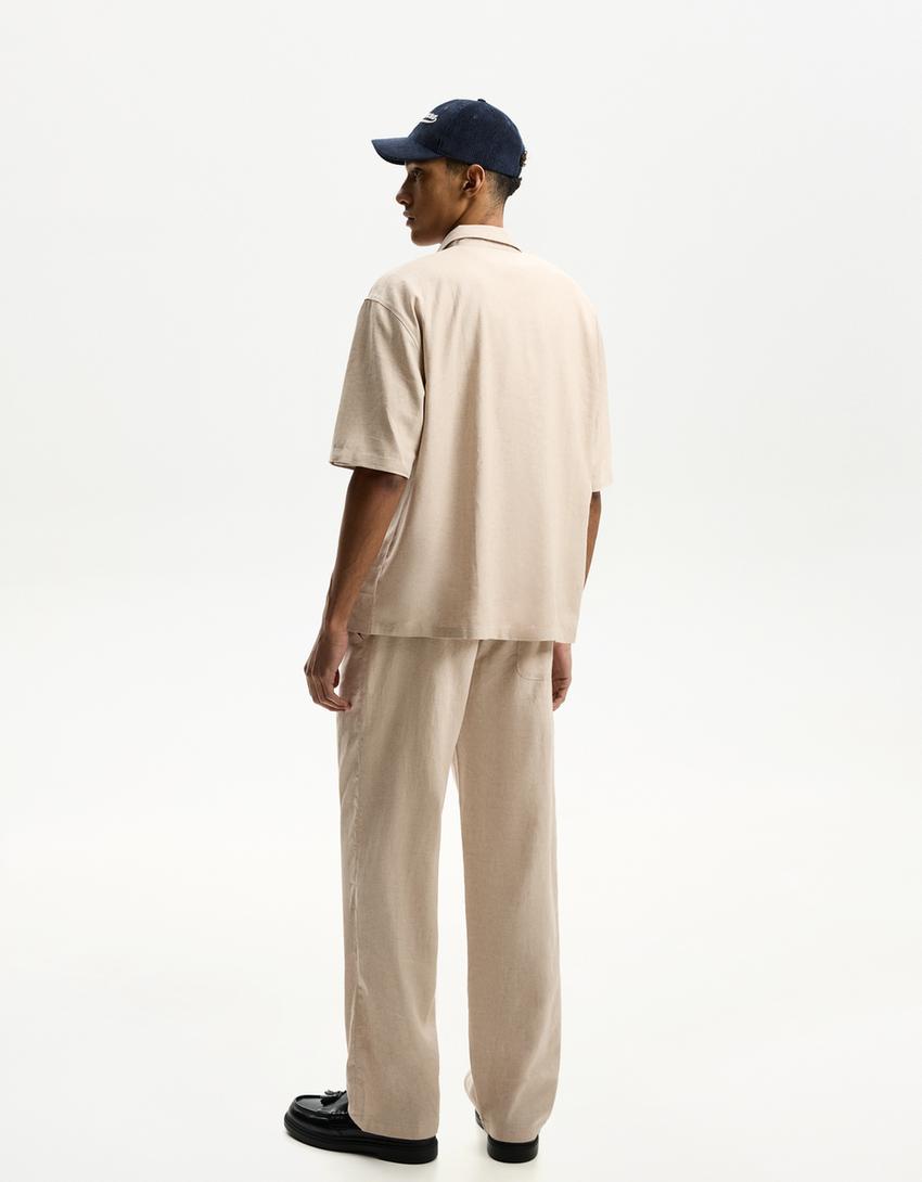 Short sleeve linen blend shirt-Sand