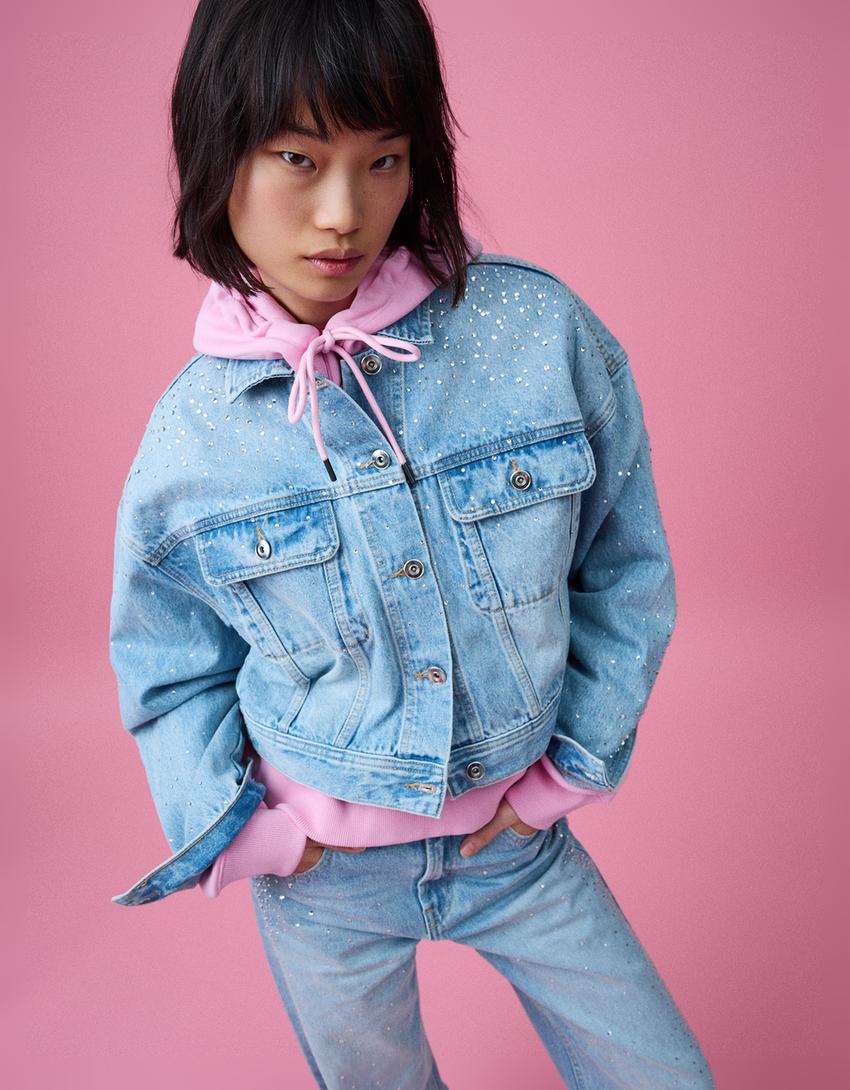 Cropped denim rhinestone jacket-Light blue