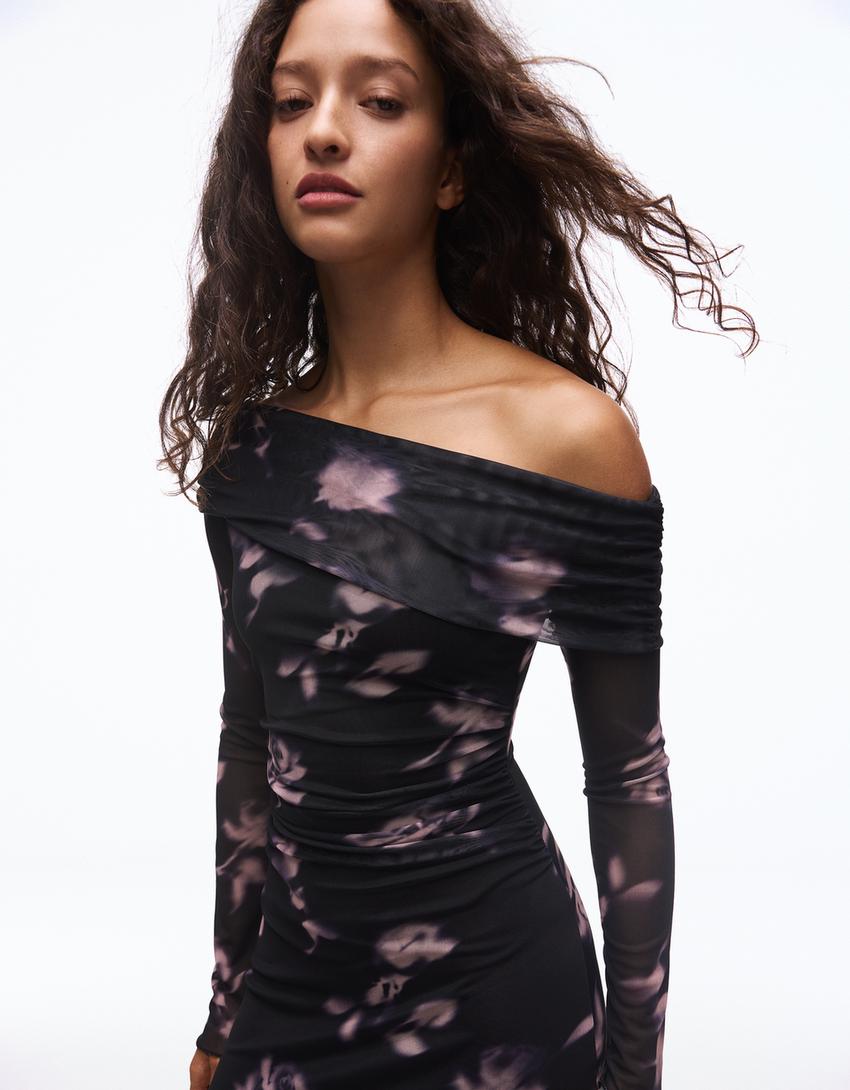 Robe midi manches longues bardot tulle imprimé-Gris