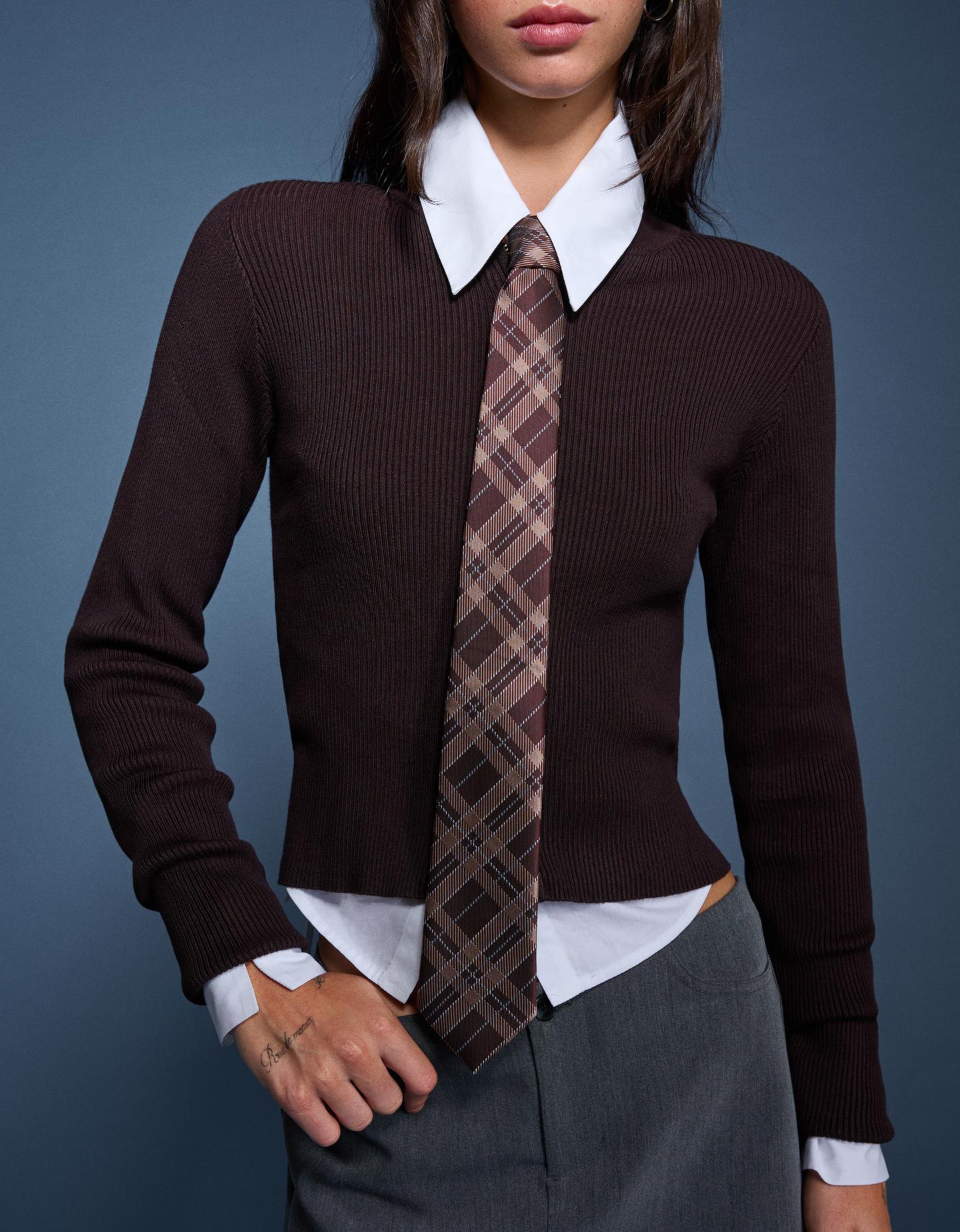 Bershka krawat w kratę brązowy